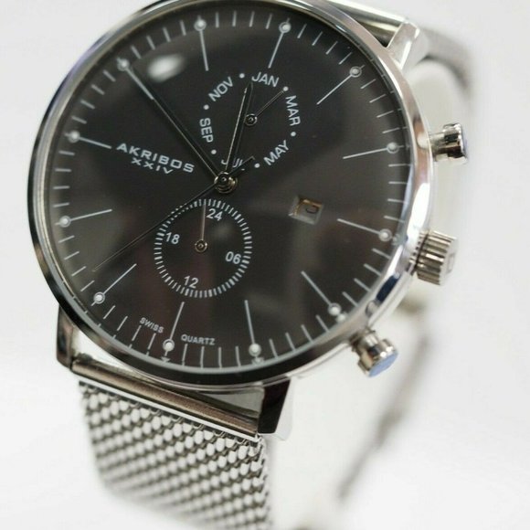 Akribos XXIV Men's Watch 2 Subdials Month, GMT Date Window Stainless Steel. - Picture 2 of 8